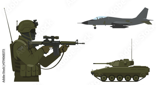 Military silhouette of soldier with rifle, aircraft, and tank