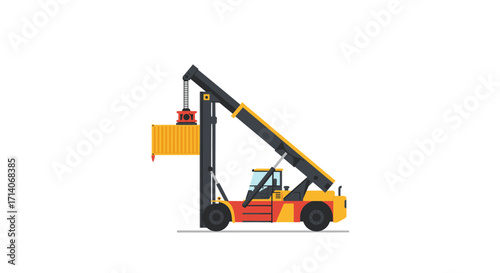 Flat design crane lifting container with hydraulic boom on white background