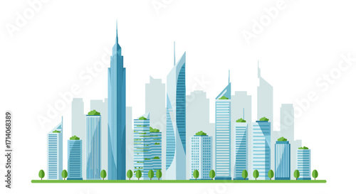 Modern city skyline with skyscrapers and green spaces in a flat design