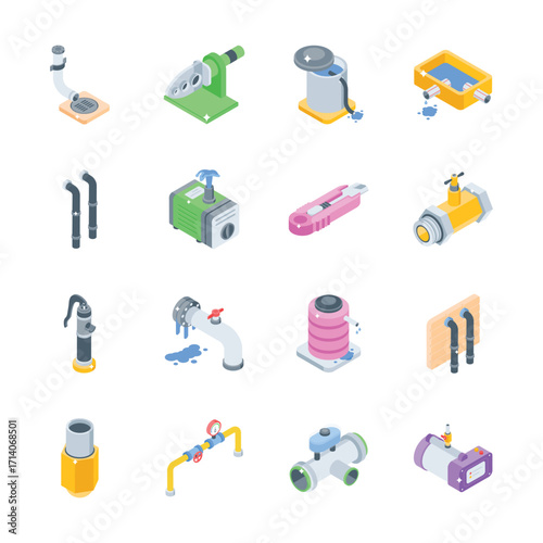 Get this handy set showing plumbing accessories 3d style icons