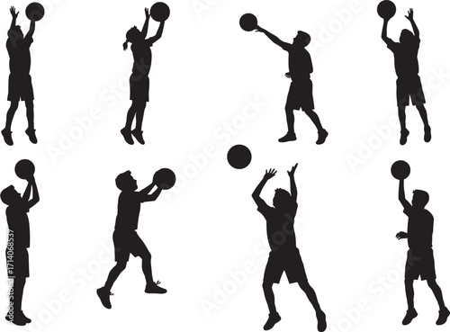 Silhouette of basketball players in different action poses, dribbling, jumping, shooting, training, isolated on white background, sports illustration vector