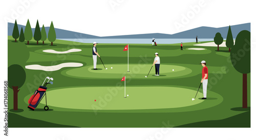 Golf course landscape with players in modern flat design