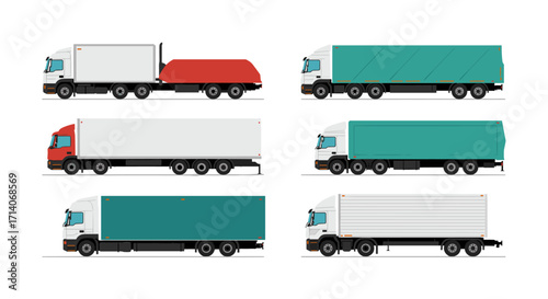 Collection of heavy duty trucks in flat style with various containers and trailers