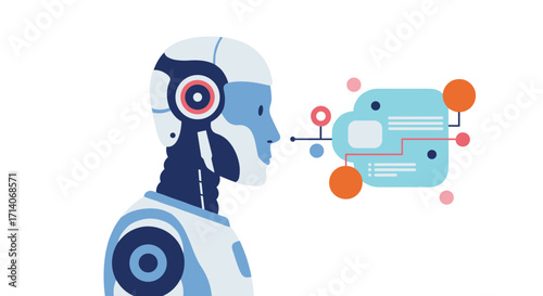 Futuristic concept of artificial intelligence robot with tech interface elements