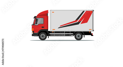 Flat side view of modern delivery truck with red and black design elements