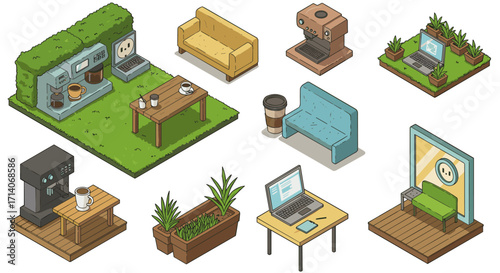 Isometric office and home furniture set featuring modern design elements