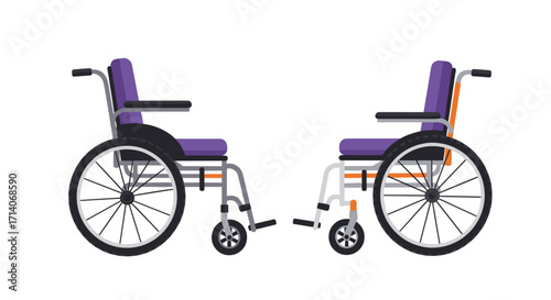 Side view pair of wheelchairs with purple cushions on white background
