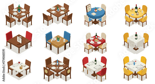 Isometric restaurant dining sets with table settings and wine bottles
