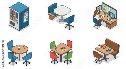 Isometric office and lounge furniture set with vending machine and workstations