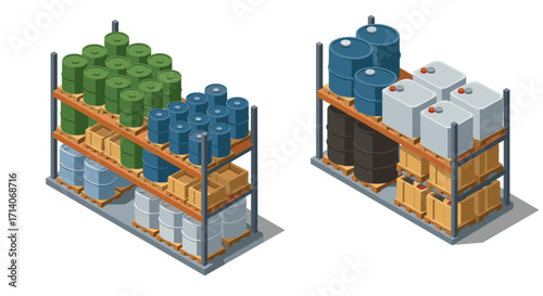 Isometric warehouse shelving with industrial barrels and boxes on racks