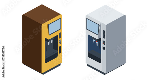 Isometric vending machines with touchscreens and beverage dispensers