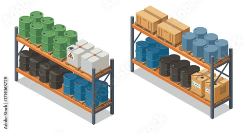 Isometric warehouse racks with industrial barrels and boxes for storage