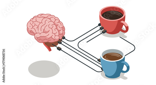 Isometric concept of brain connecting to coffee cups for mental energy