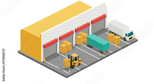Modern logistic center with cargo trucks and forklift in isometric design