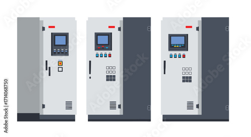 Industrial control panels with screens and buttons in flat design