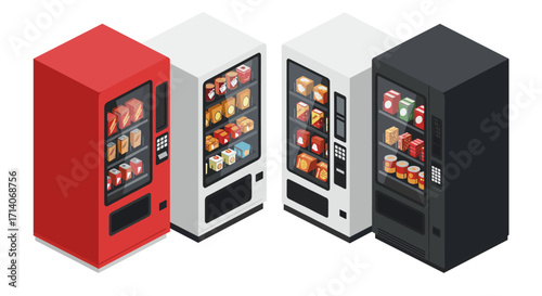 Modern isometric vending machines with snacks and drinks in red, white, and black