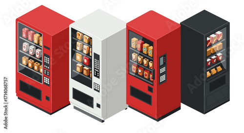 Modern isometric vending machines with snack and drink options in varied color designs