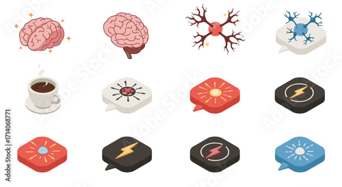 Isometric brain and coffee cup icons with speech bubbles and symbols