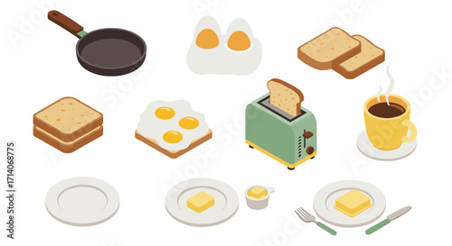 Isometric breakfast icons: eggs, toast, coffee, and kitchen items