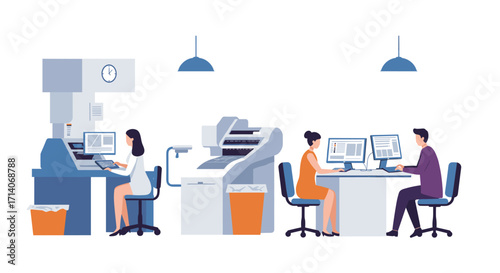 Modern office equipment and teamwork in tech environment