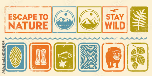 Escape to nature and stay wild with outdoor adventure icons and symbols