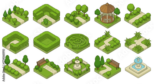 Isometric garden elements: trees, hedges, gazebo, and fountain