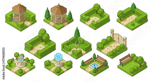 Isometric garden elements with gazebo and fountains for landscape design