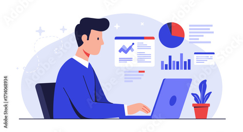 Business analytics professional reviewing data charts on laptop