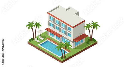 Isometric modern villa with pool and palm trees on white background