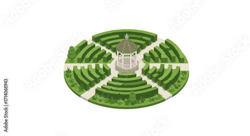 Isometric garden maze with gazebo centerpiece and green hedges in circular design