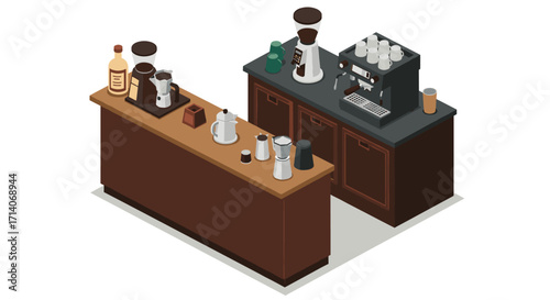 Isometric coffee bar setup with espresso machine and brewing equipment