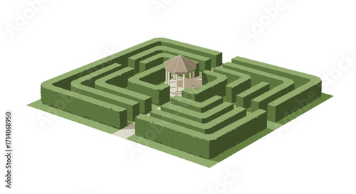Isometric garden maze with central gazebo in minimalist design