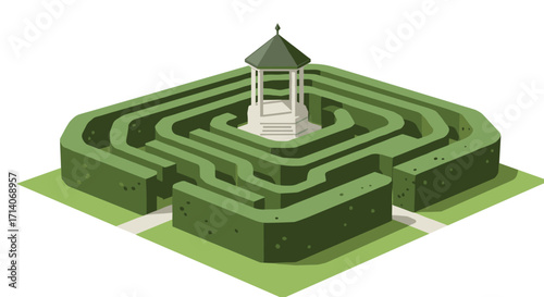 Isometric green maze garden with central gazebo on white background