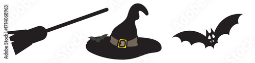 Set of colorful Halloween icons isolated on transparent background. Includes witch broom, magic witch hat with bat, scary black bat. Perfect spooky symbols for holiday, party, decoration and design.