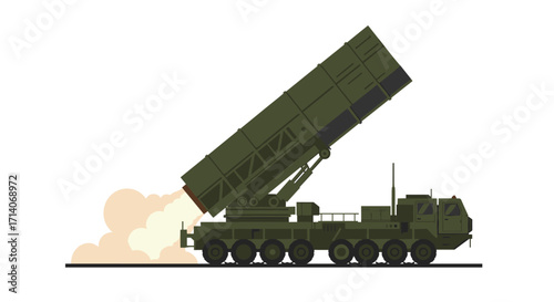 Military vehicle launching missile isolated on white background in flat art style