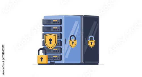 Secure data servers with lock icons in modern flat design for network protection