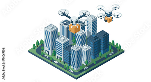 Drone delivery service in urban cityscape with modern skyscrapers and green spaces