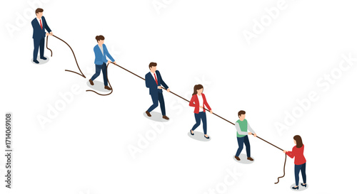Teamwork concept: group of business people in a tug of war challenge