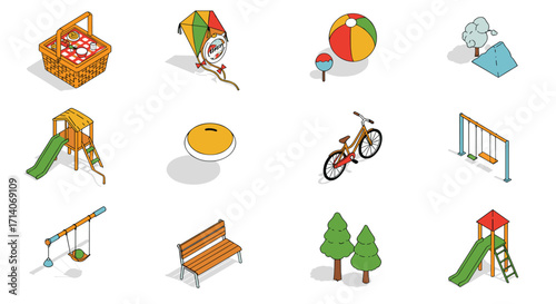 Outdoor playground elements in isometric style with colorful recreation and sports equipment
