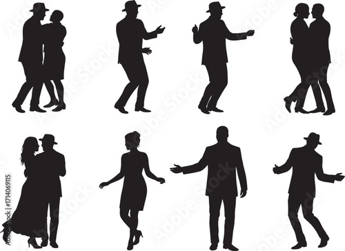 Silhouette of couples dancing in elegant poses, romantic ballroom, tango, waltz, retro style, isolated black vector illustration on white background