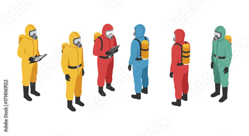Isometric scientists in hazmat suits analyzing data