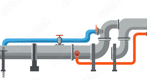 Industrial pipeline network with blue and red flow on white background