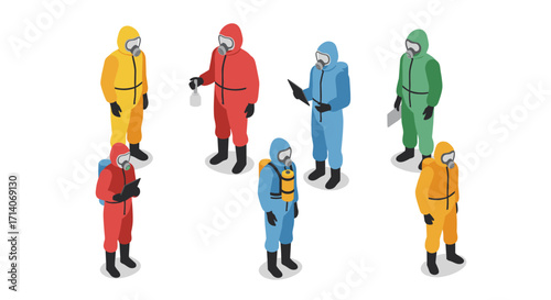 Isometric hazmat suit team depicted in various colors for safety and protection themes