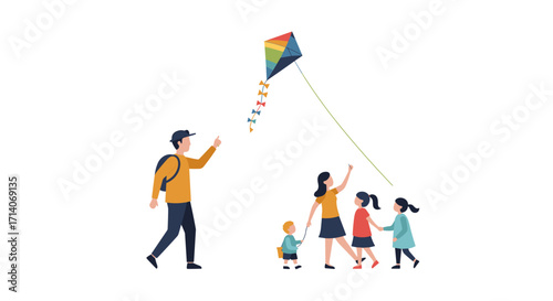 Family flying kite together outdoors with children in colorful and playful flat design
