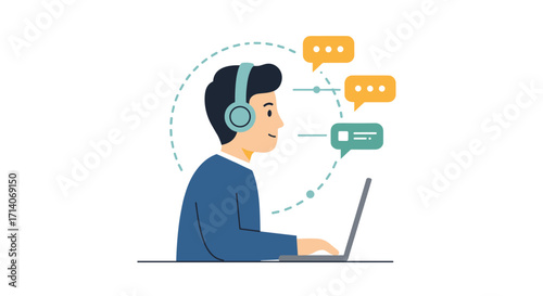 Customer support agent with headphones assisting clients online