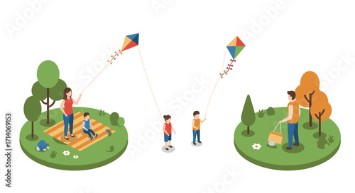 Family kite flying in park with trees and picnic in isometric style