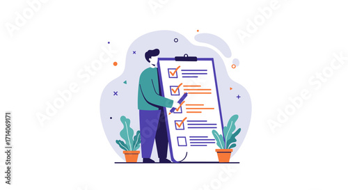 Task management concept with character checking list and plants in modern design