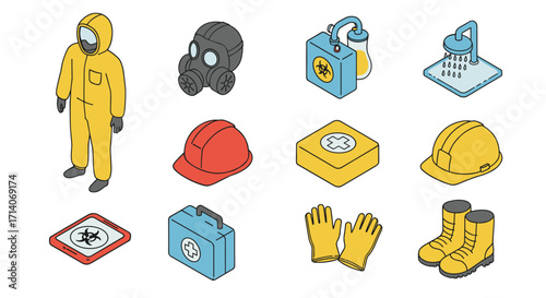 Isometric safety equipment icons: protective gear and emergency tools