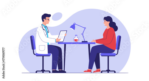 Doctor consulting patient in modern office setting with medical tools