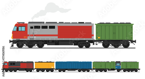 Flat style freight train with colorful boxcars on white background